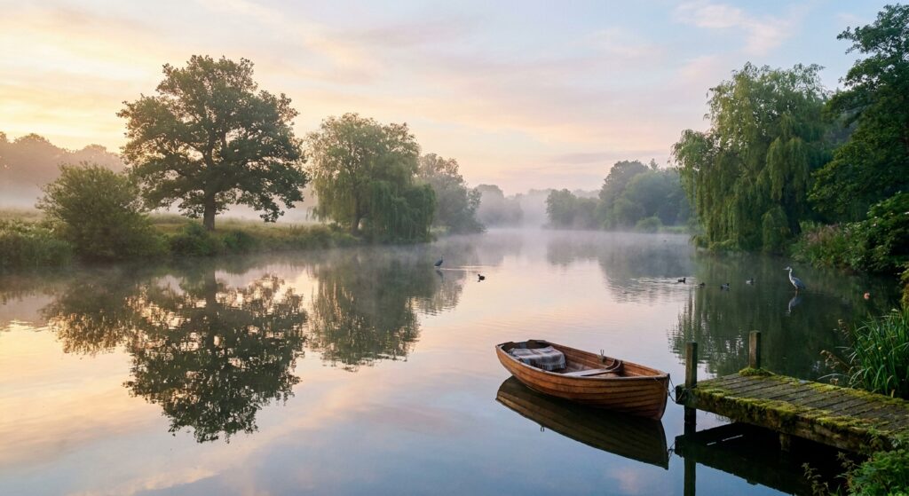 Ein ruhiger See im Morgengrauen mit sanftem Nebel - Entspannung und Frieden