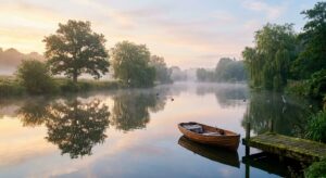 Ein ruhiger See im Morgengrauen mit sanftem Nebel - Entspannung und Frieden