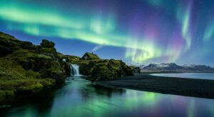 Icelandic landscape with northern lights, symbolizing peace and adventure