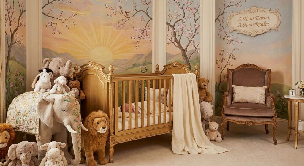 Ein symbolisches Bild eines königlichen Kinderzimmers, gefüllt mit Plüschtieren und prächtiger Dekoration.