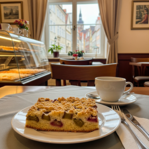 Frisch gebackener Rhabarberkuchen auf einem Holztisch in einer einladenden Küche.