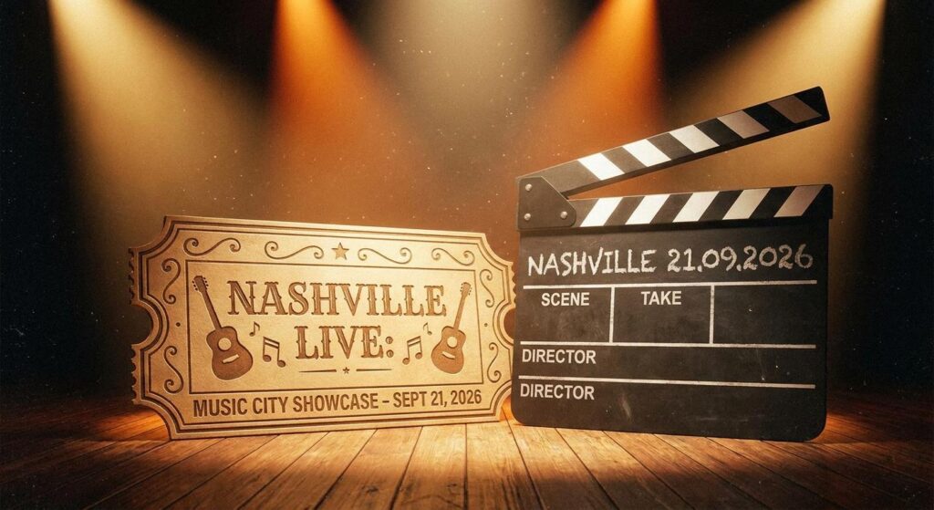 Symbolisches Bild mit Konzertticket und Filmklappe im Bühnenlicht, Nashville Konzert 2026, SEO-optimiert