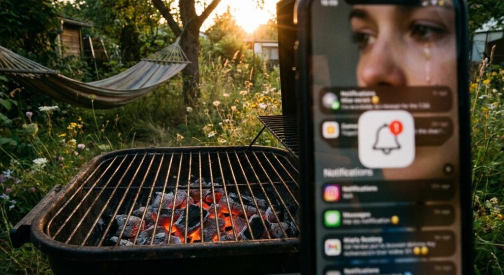 Symbolbild leeres Grillrost im Abendlicht mit verschwommenem Smartphone im Hintergrund als Metapher für private Promi‑Einblicke