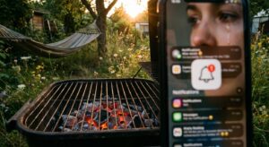 Symbolbild leeres Grillrost im Abendlicht mit verschwommenem Smartphone im Hintergrund als Metapher für private Promi‑Einblicke