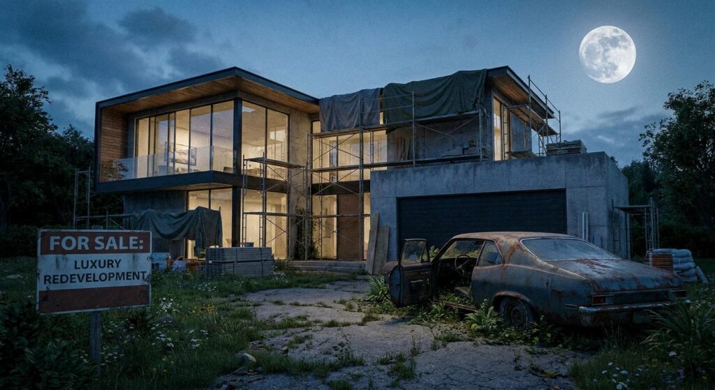 Luxuriöses Haus im Umbau, davor geparktes Fahrzeug, symbolisch für prominenten Einbruch