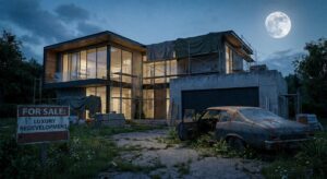 Luxuriöses Haus im Umbau, davor geparktes Fahrzeug, symbolisch für prominenten Einbruch