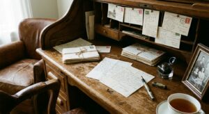 Ein alter Schreibtisch mit handgeschriebenen Briefen und Postkarten