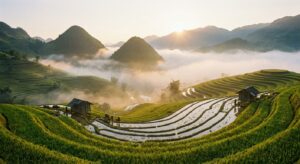 Reisterrassen im Morgenlicht, Vietnam