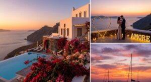 Sonnenuntergang über einer luxuriösen Villa auf griechischer Insel