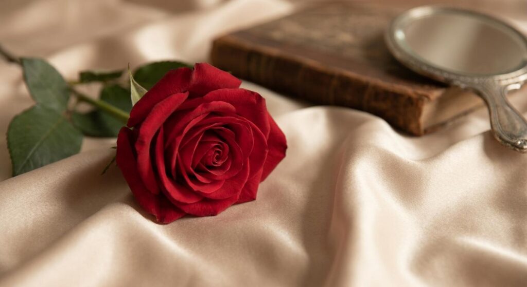 Rote Rosenblüte auf weichem Satin – Symbol für Selbstbewusstsein und Schönheit jenseits des Alters