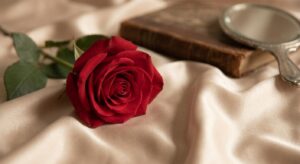 Rote Rosenblüte auf weichem Satin – Symbol für Selbstbewusstsein und Schönheit jenseits des Alters