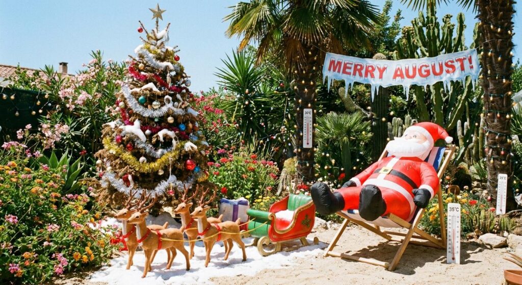 Szenario: sommerlicher Garten mit Weihnachtsbaum, Lichterketten und Kunstschnee im August