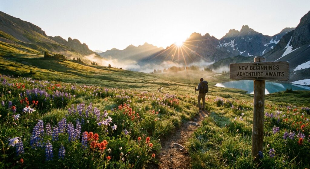 Ein symbolischer Sonnenaufgang über einer alpinen Wiese, das für Neuanfänge und Abenteuer steht.