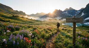 Ein symbolischer Sonnenaufgang über einer alpinen Wiese, das für Neuanfänge und Abenteuer steht.