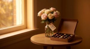 Blumenstrauß und Pralinen als Symbol für ein Jahr Nüchternheit