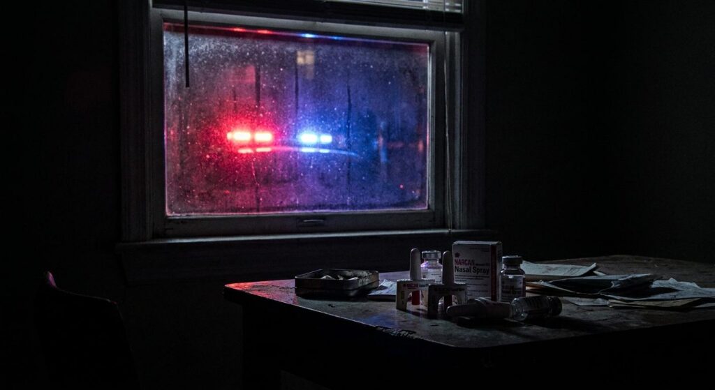 Symbolbild: Polizeilicht und Medikamentenschatten in Wohnung – symbolisch für DEA-Ermittlungen bei Promi-Tod