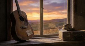 Symbolische Akustikgitarre vor Sonnenuntergang – Country Abschiedsstimmung