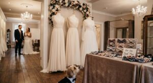 Symbolische Darstellung: Brautkleider und Hundeschleifen elegant arrangiert