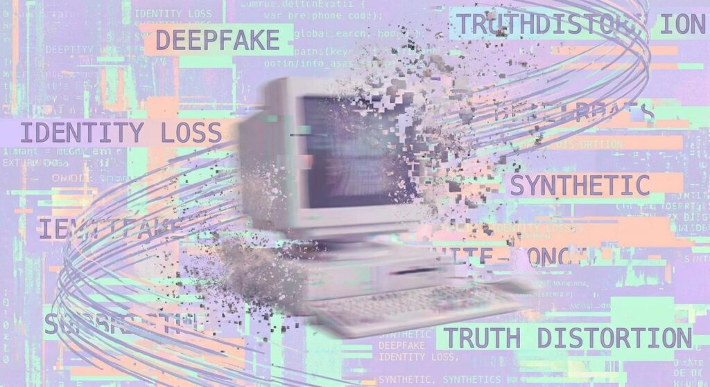 Symbolbild Deepfake Täuschung: Pixel zerfallen, digitaler Identitätsverlust