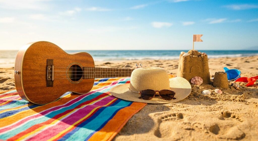 Sommerliche Symbolaufnahme: Ukulele, Sonnenhut, Sonnenbrille und Sandburg – Familienzeit genießen