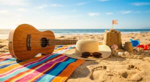 Sommerliche Symbolaufnahme: Ukulele, Sonnenhut, Sonnenbrille und Sandburg – Familienzeit genießen