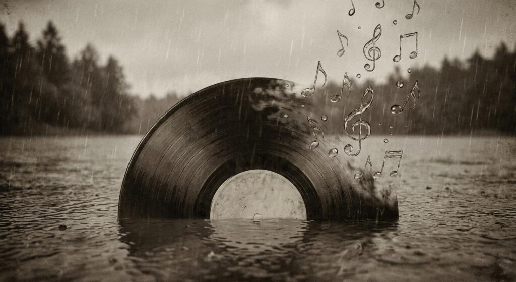 Symbolbild einer verblassenden Vinylplatte im Regen, steht für Abschied und musikalisches Erbe