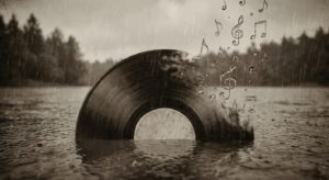 Symbolbild einer verblassenden Vinylplatte im Regen, steht für Abschied und musikalisches Erbe