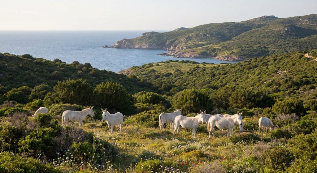 Weiße Esel auf Asinara vor einer malerischen Kulisse