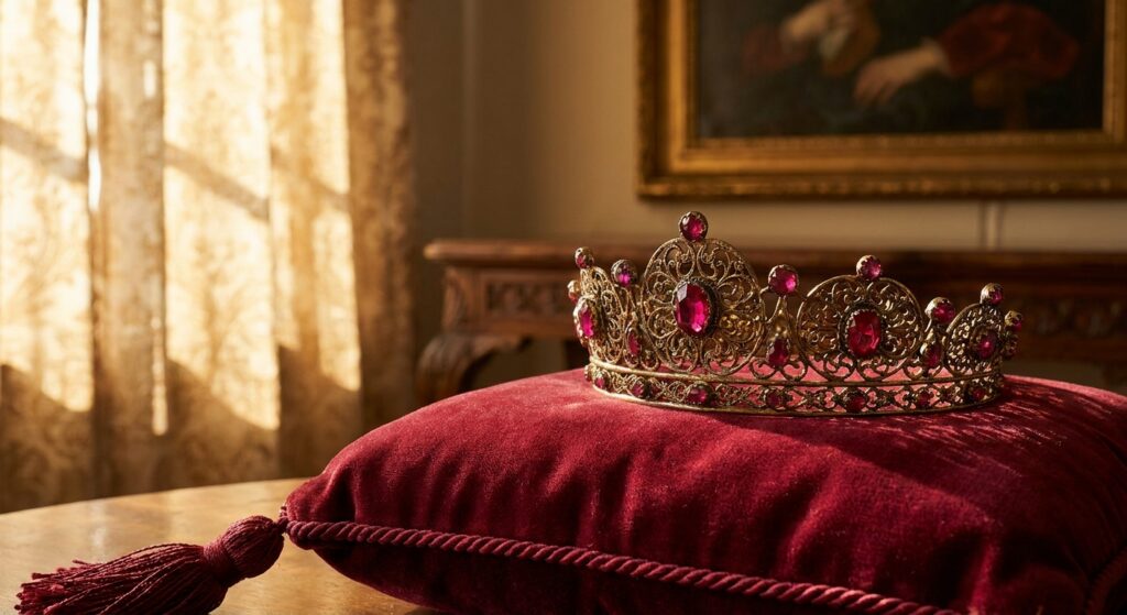 Antikes Diadem auf Seidenkissen in weichem Licht, das königliche Eleganz und Geschichte vermittelt