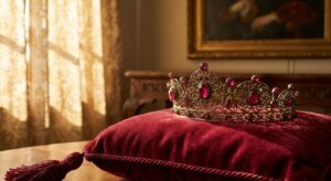 Antikes Diadem auf Seidenkissen in weichem Licht, das königliche Eleganz und Geschichte vermittelt