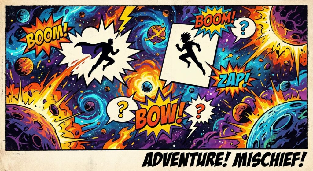 Illustration eines chaotischen Universums mit Comic-Symbolen und Helden-Silhouetten im Marvel-Stil