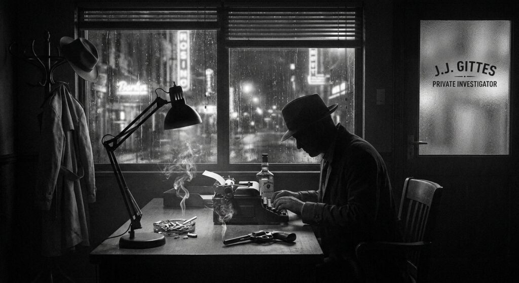 Detektivbüro im Film-Noir-Stil der 1930er Jahre, Fenster mit Regentropfen, düstere Atmosphäre