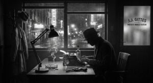 Detektivbüro im Film-Noir-Stil der 1930er Jahre, Fenster mit Regentropfen, düstere Atmosphäre