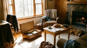 Gemütliches Ferienhaus Wohnzimmer mit Reisegepäck und Urlaubszubehör