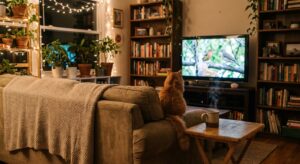 Einladendes Wohnzimmer mit Sofa und Teetasse als Symbol für Entspannung