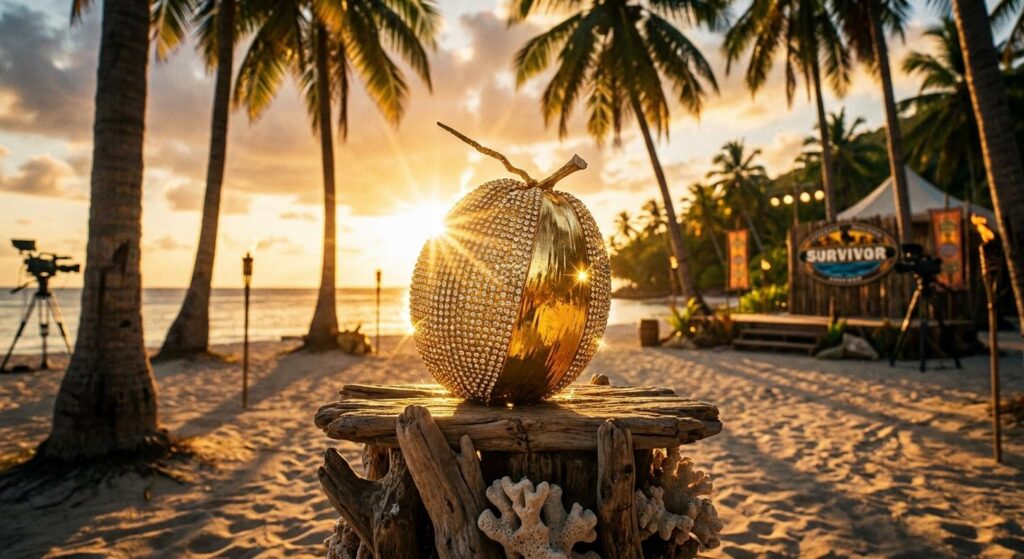 Goldene Kokosnuss auf tropischer Insel als Symbol für Promis unter Palmen Reality-TV