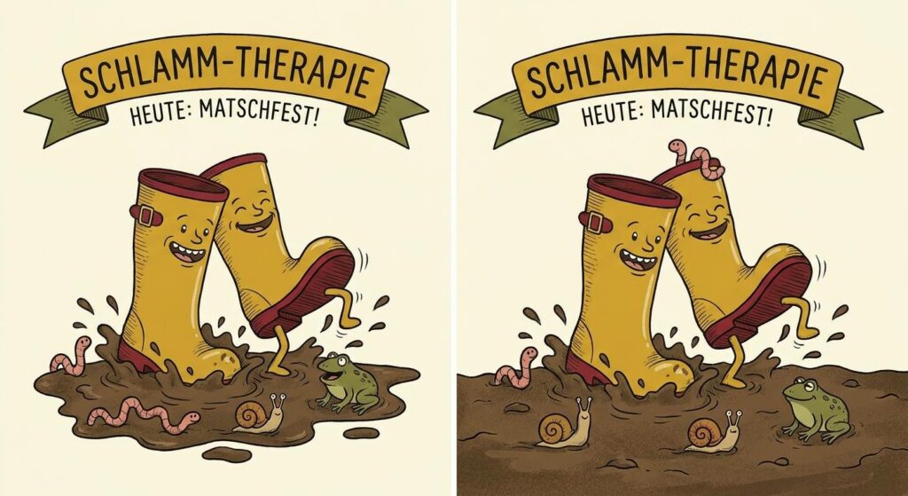 Stilisiertes Paar Gummistiefel im Matsch als Symbol für royalen Stil im Alltag