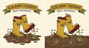 Stilisiertes Paar Gummistiefel im Matsch als Symbol für royalen Stil im Alltag