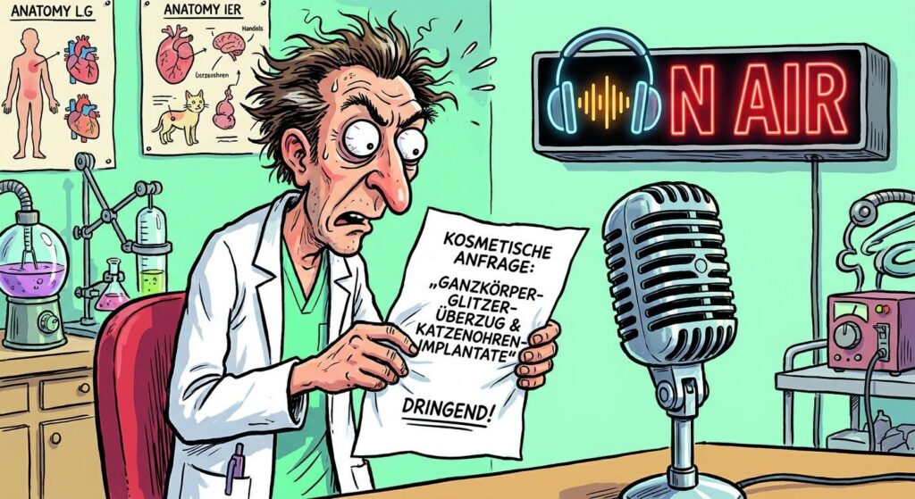 Cartoon eines Beauty‑Arztes mit Podcast‑Mikrofon – humorvoll symbolisch