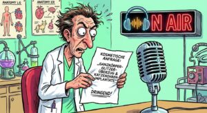 Cartoon eines Beauty‑Arztes mit Podcast‑Mikrofon – humorvoll symbolisch