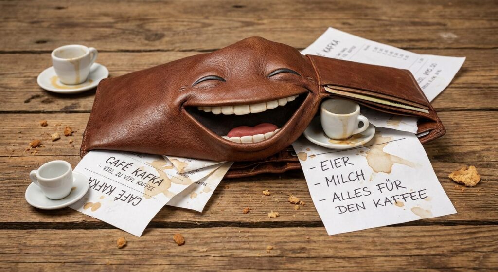 Portemonnaie auf Tisch mit Quittungen und Kaffeebechern nach dem Wochenende