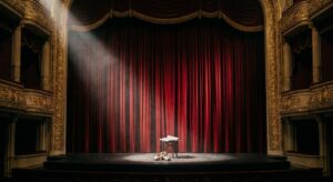 Leere Theaterbühne mit roten Vorhängen – symbolisches Bild für Abschied und Legende Erni Mangold
