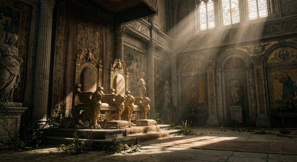 Goldene Thronsessel in einem Thronsaal, beleuchtet von Sonnenstrahlen