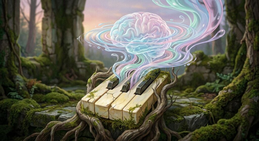 Symbolische Darstellung: Pianotaste mit Wasserwellen als Metapher für Hirnwasserdruck