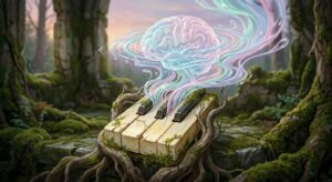 Symbolische Darstellung: Pianotaste mit Wasserwellen als Metapher für Hirnwasserdruck