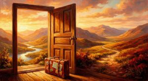 Offene Haustür mit Blick auf Natur und gepacktem Koffer, symbolisiert Freiheit und Reiselust