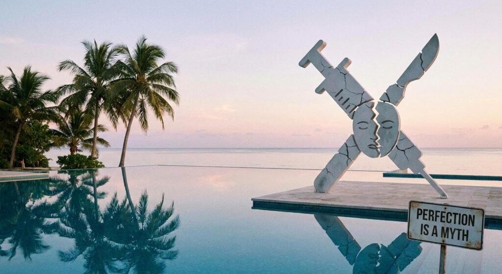 Symbolisches Bild: tropische Urlaubsszenerie mit zerbrochenem Beauty-OP-Symbol – ironisch und ohne Personen