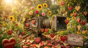 Symbolische TV-Kamera im Garten mit Blumen und Herzen – Ehrenamt & Fernsehgarten