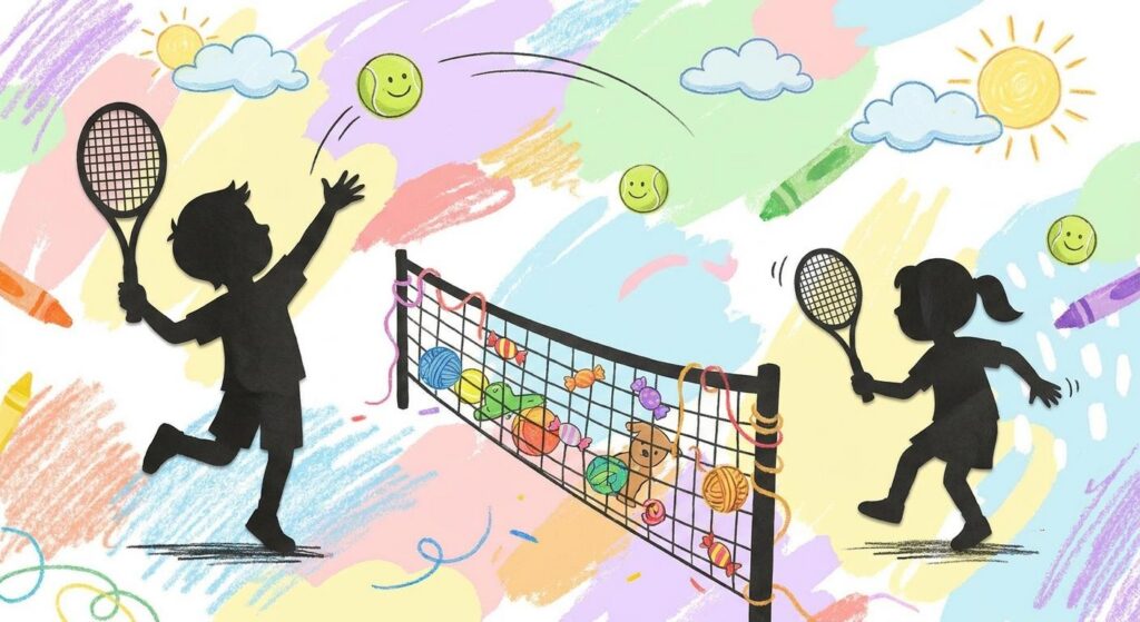 Symbolische Silhouetten von Kindern mit Tennisschlägern vor einem Netz – repräsentiert Becker/Kerber Nachwuchs humorvoll