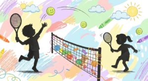 Symbolische Silhouetten von Kindern mit Tennisschlägern vor einem Netz – repräsentiert Becker/Kerber Nachwuchs humorvoll